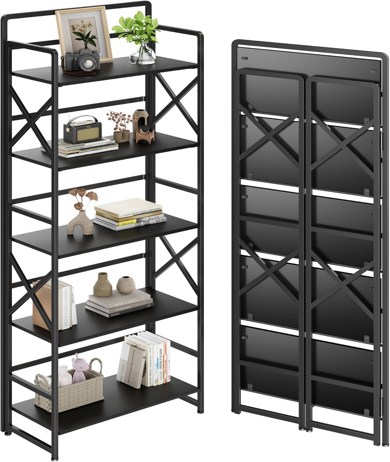 No Assembly Folding Bookshelf, 5 Tiers Vintage Wood Collapsible Book Shelf for Storage,Industrial Metal Foldable Bookcase Organizer for Living Room Bedroom Home Office (Black)