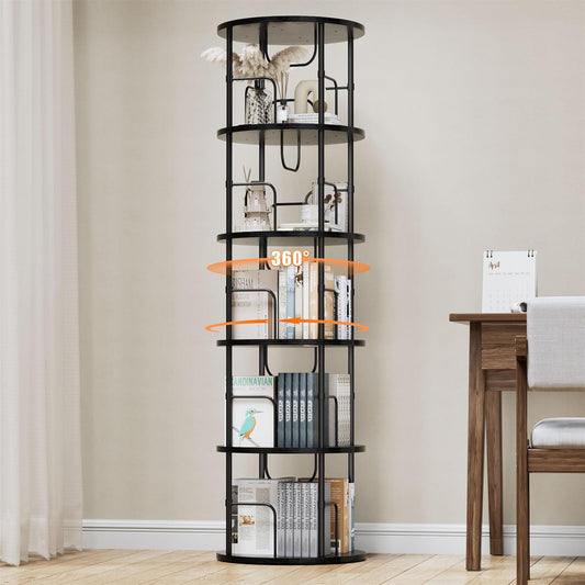5 Tier Rotating Bookshelf, 360 ° Display Stackable Spinning Bookshelf Tower, Corner Bookshelf Tall Floor Standing Swivel Bookcase Narrow Storage Organizer for Bedroom, Living Room, Black