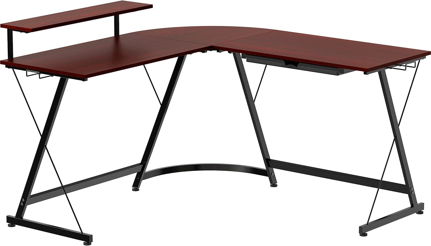 SHW 51 x 51 Inches Vista L-Shaped Desk with Monitor Stand and Drawer, Cherry