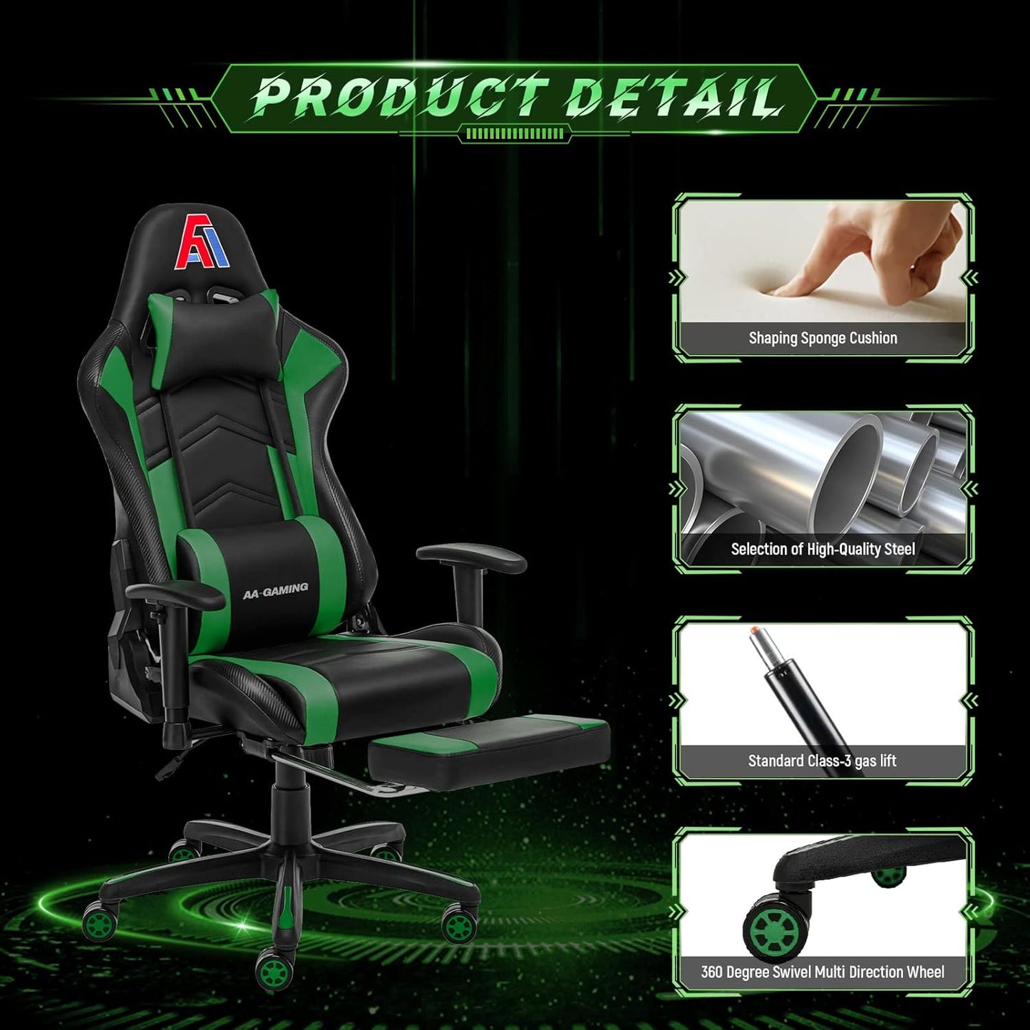 AA Products Gaming Chair High Back Ergonomic Computer Racing Adjustable Gamer Chair with Footrest, Lumbar Support Swivel Chair – Blackgreen