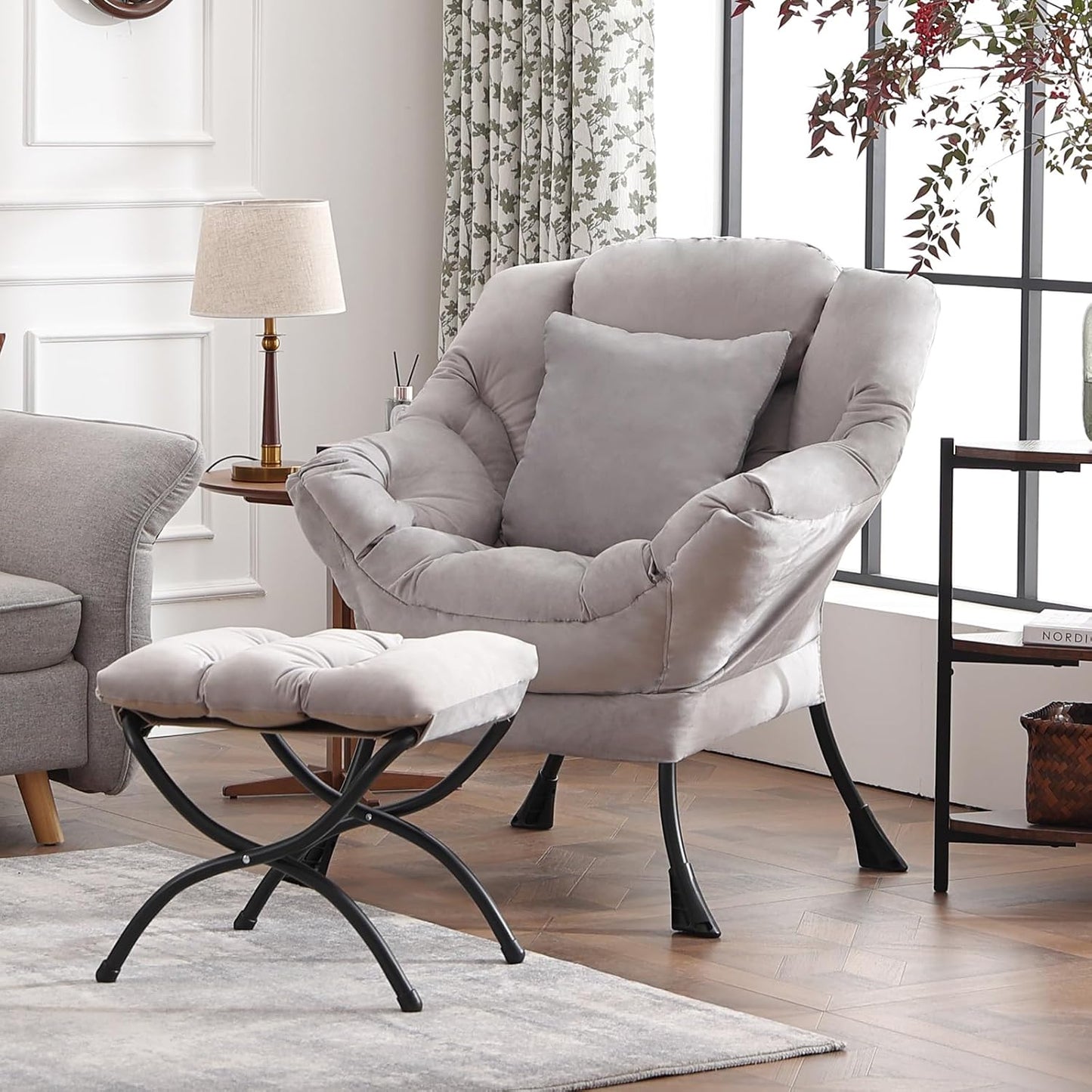 Large Lazy Chair with Ottoman, Accent Reading Chair with a Soft Grey Throw Pillow, Cozy Lounge Chair with Armrest, Leisure Sofa Chair for Living Room, Bedroom, Dorm, Velvet Soft Grey