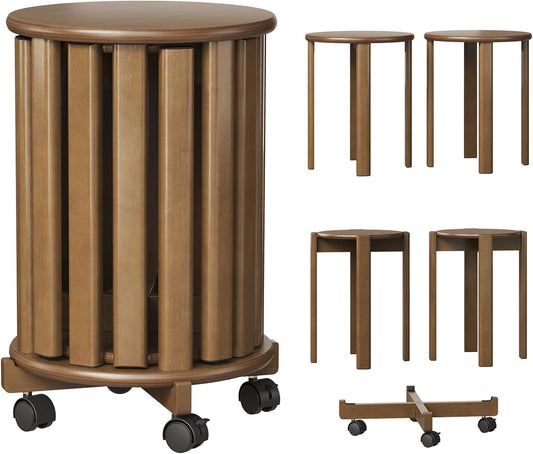 Stackable Stools Set of 4, 4‑in‑1 Bamboo Nesting Stools & End Tables with Wheels, 18″ Round Portable Barstools No‑Assembly Stool for Kitchen Living Room Bar Dorm, Walnut