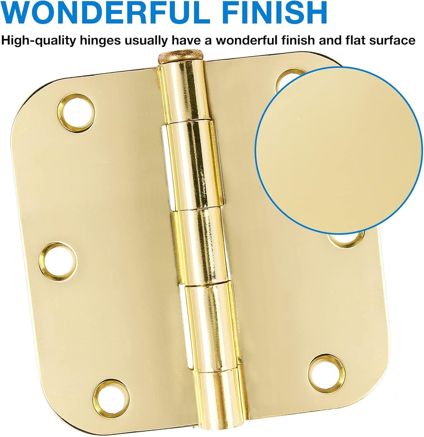 6 Pack Rounded Door Hinges 3.5 inch X 3-1/2" 5/8 Radius, Polished Brass 3 ½ Inch Gold Interior Standard Hinge for Bedroom Wood/French Style Clear Glass Doors Easy Install Hardware Decor Accessories