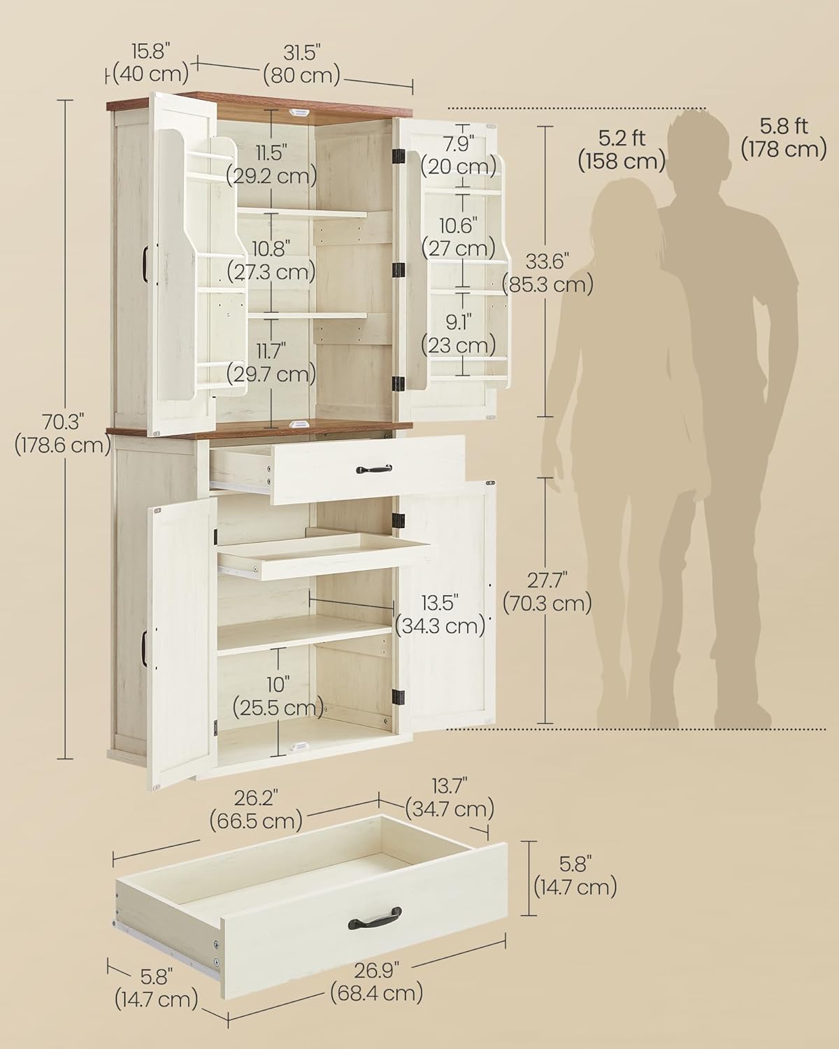 VASAGLE LIRY Collection - Pantry Cabinet, 70.3-Inch Tall Farmhouse Kitchen Storage Cabinet with Barn Doors, Drawer, Tray, Adjustable Shelves, for Kitchen, Dining Room, Rustic White UBBK364W01