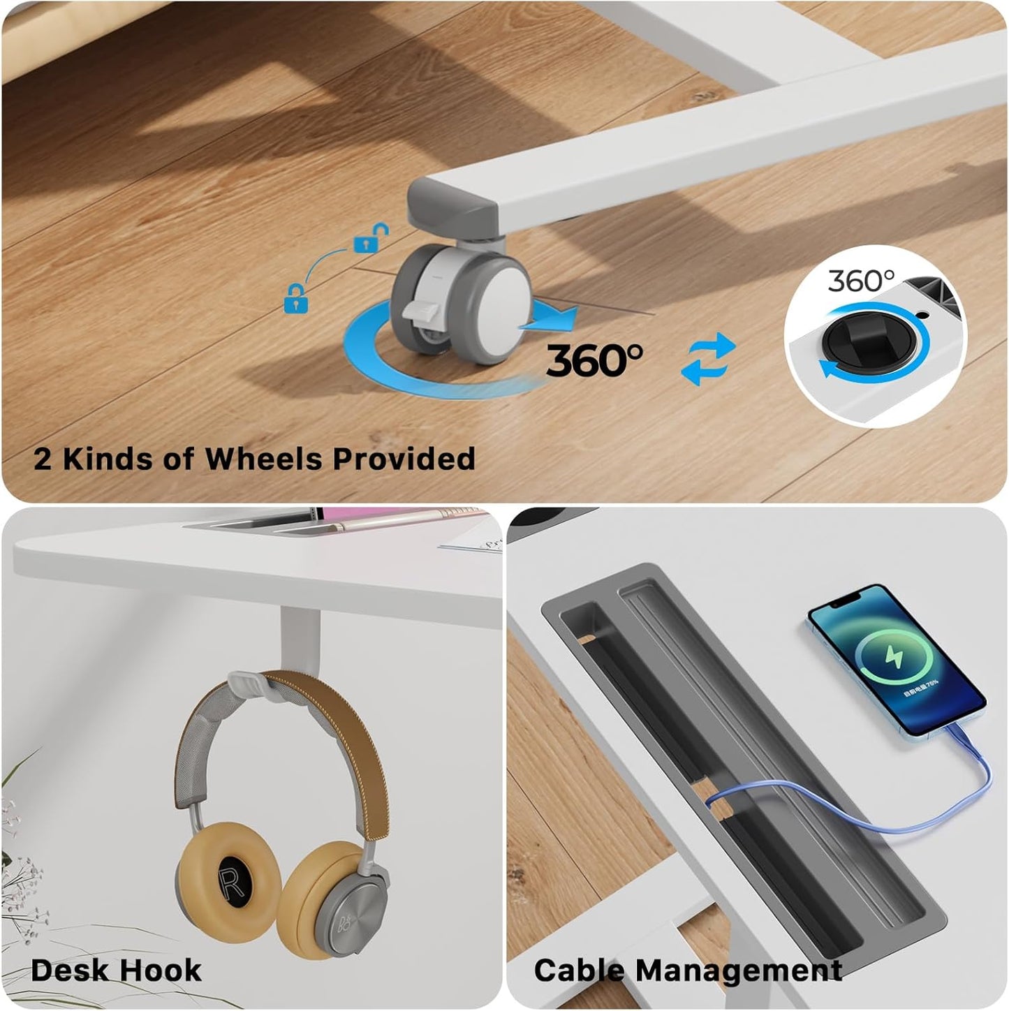 Mobile Standing Desk with Drawer, 28" Rolling Desk with Cup Holder and Hooks, Portable Laptop Cart on Wheels, Height Adjustable Workstation with Storage for Home Office, White