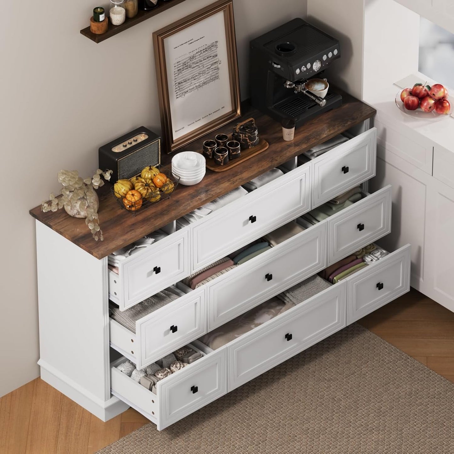 57" Wooden Dresser with 9 Drawers, Modern Farmhouse Furniture Organizer, Chest of Drawers with Rustic Top, Bedroom Storage Cabinet for Clothes, Accessories, Living Room, or Entryway, White