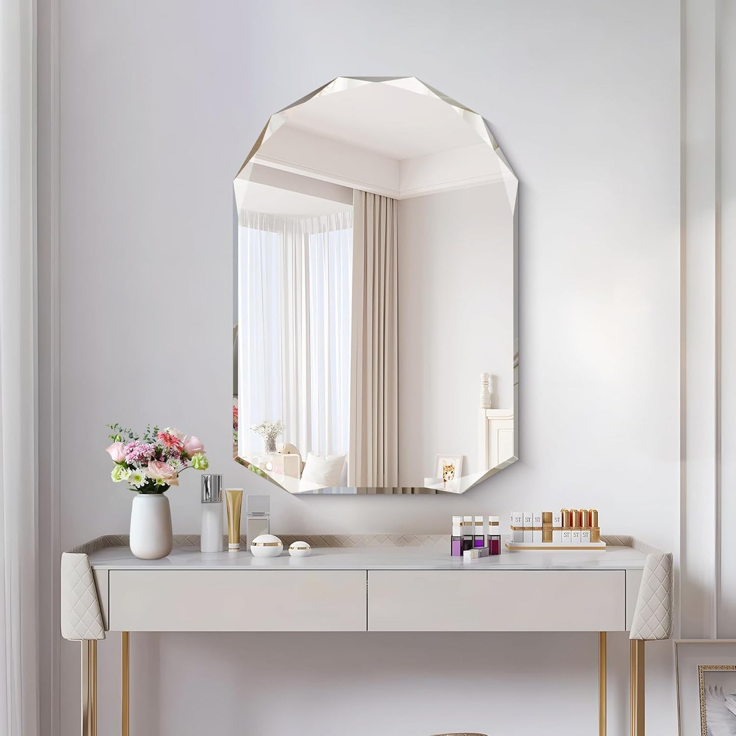 KOCUUY 26"x38" Frameless Mirror, Arched Shape with Diamond-Shaped Beveled Edge,Unframed Decorative with Upgraded Shatterproof Glass,Unique Frameless Mirror for Bathroom,Living Room,Bedroom