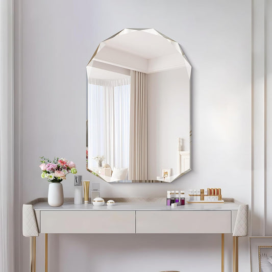 KOCUUY 26"x38" Frameless Mirror, Arched Shape with Diamond-Shaped Beveled Edge,Unframed Decorative with Upgraded Shatterproof Glass,Unique Frameless Mirror for Bathroom,Living Room,Bedroom