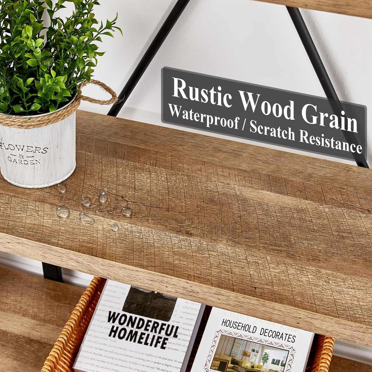 FATORRI Bookshelf, 5 Tier Industrial, Tall Etagere Bookcase, Rustic Wood and Metal Book Shelf with Large Open Shelving Unit for Home Office Living Room (Rustic Oak, 51 Inch Wide)