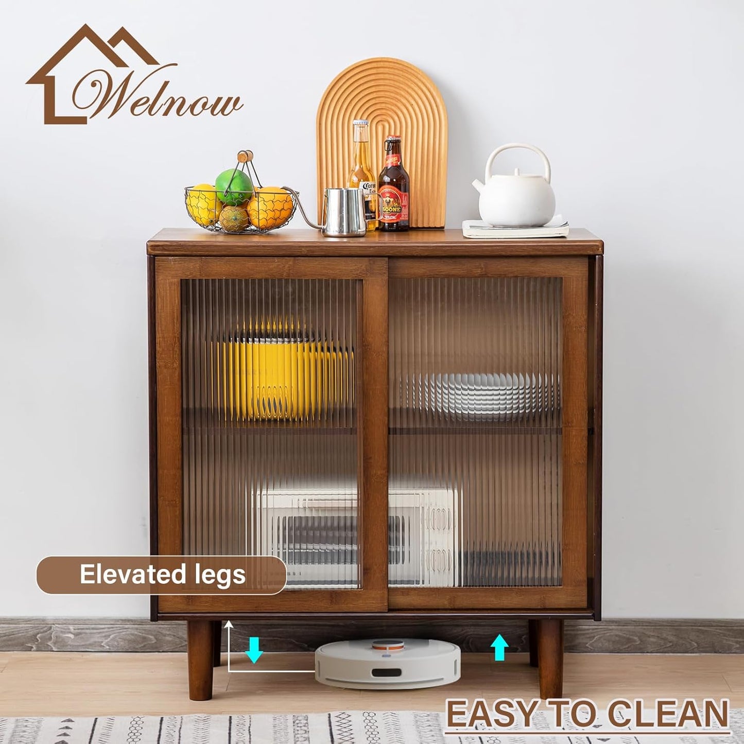 Welnow Buffet Cabinet, Bamboo Sideboard with Storage Kitchen Display Cabinet with 2-Tier Shelves Boho Coffee Bar Tables for Kitchen, Living Room, Entryway, Office, Walnut