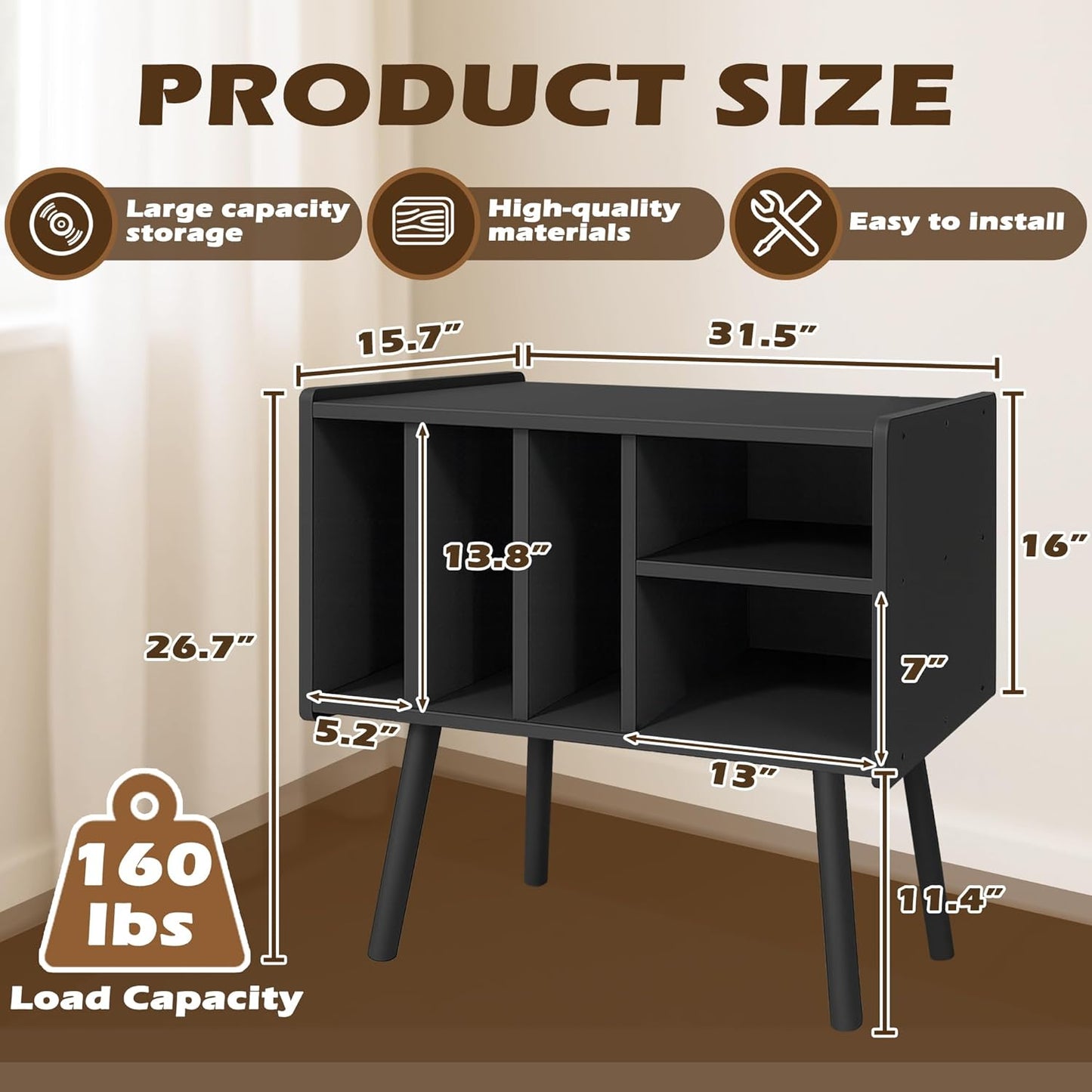 Record Player Stand with Vinyl Storage, Wooden Record Player Table with 5 Cabinet, Large Vinyl Record Player Stand, Record Player Holder, Record Player Shelf for Office Living Room, Black