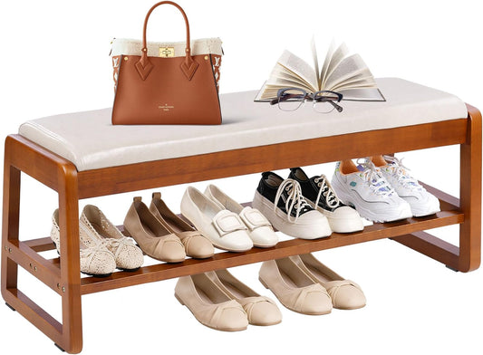 Shoe Bench Storage Rubberwood with Leather Cushion 39.4", Waterproof Easy to Clean 550LBS Organizer Shoe Rack for Entryway, Hallway, Mudroom, Front Door