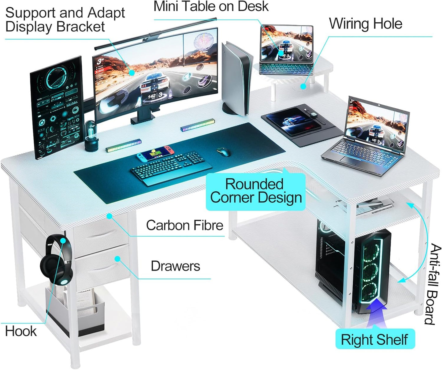 GTRACING Gaming Desk with Drawers, Carbon Fiber Style L Shaped Computer Desk Compatible with Monitor Arm Corner Desk Gaming Table for Home Office Desks, Easy to Assemble Adjustable Shelf Height