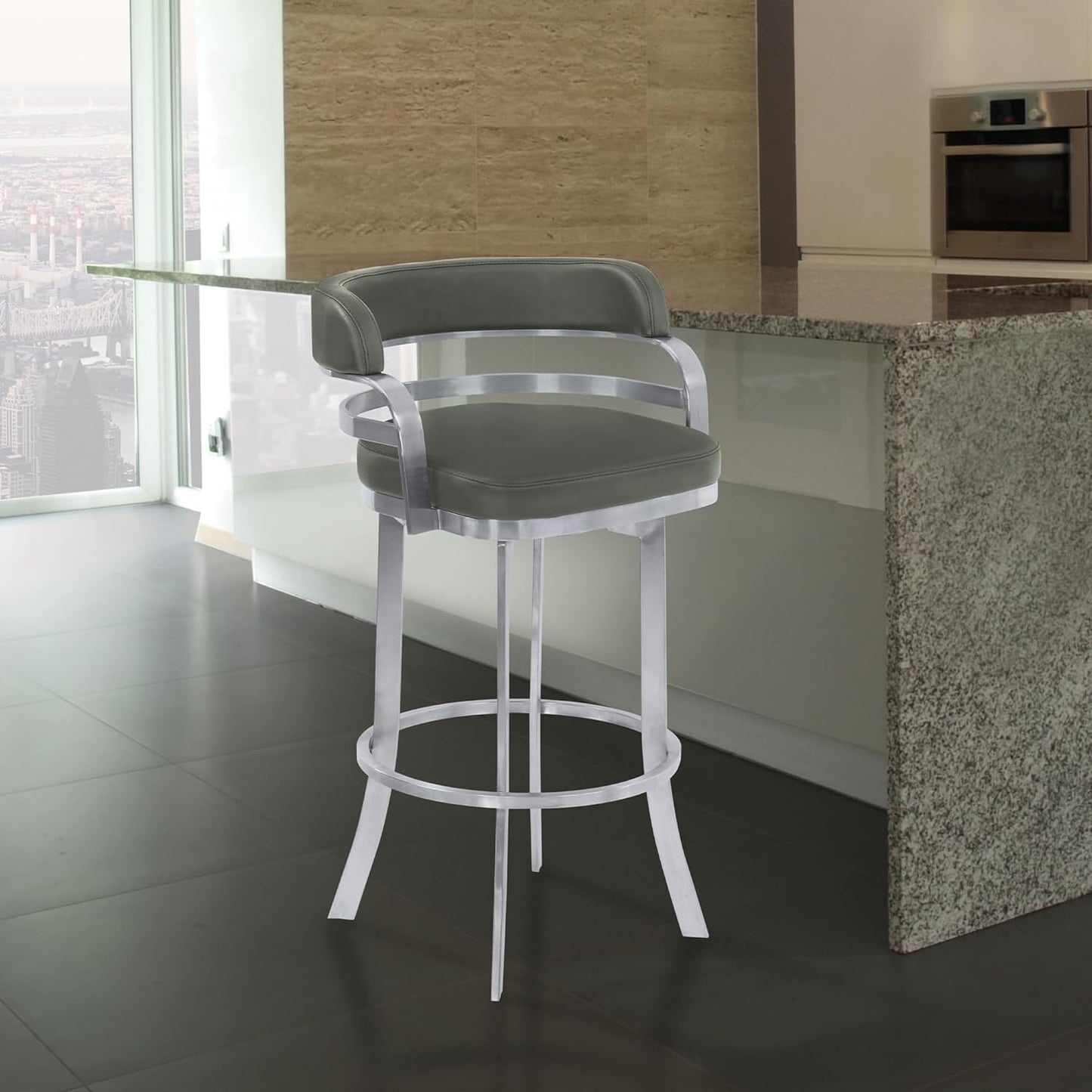 Armen Living Prinz 30" Bar Height Swivel Barstool in Grey Faux Leather and Brushed Stainless Steel Finish