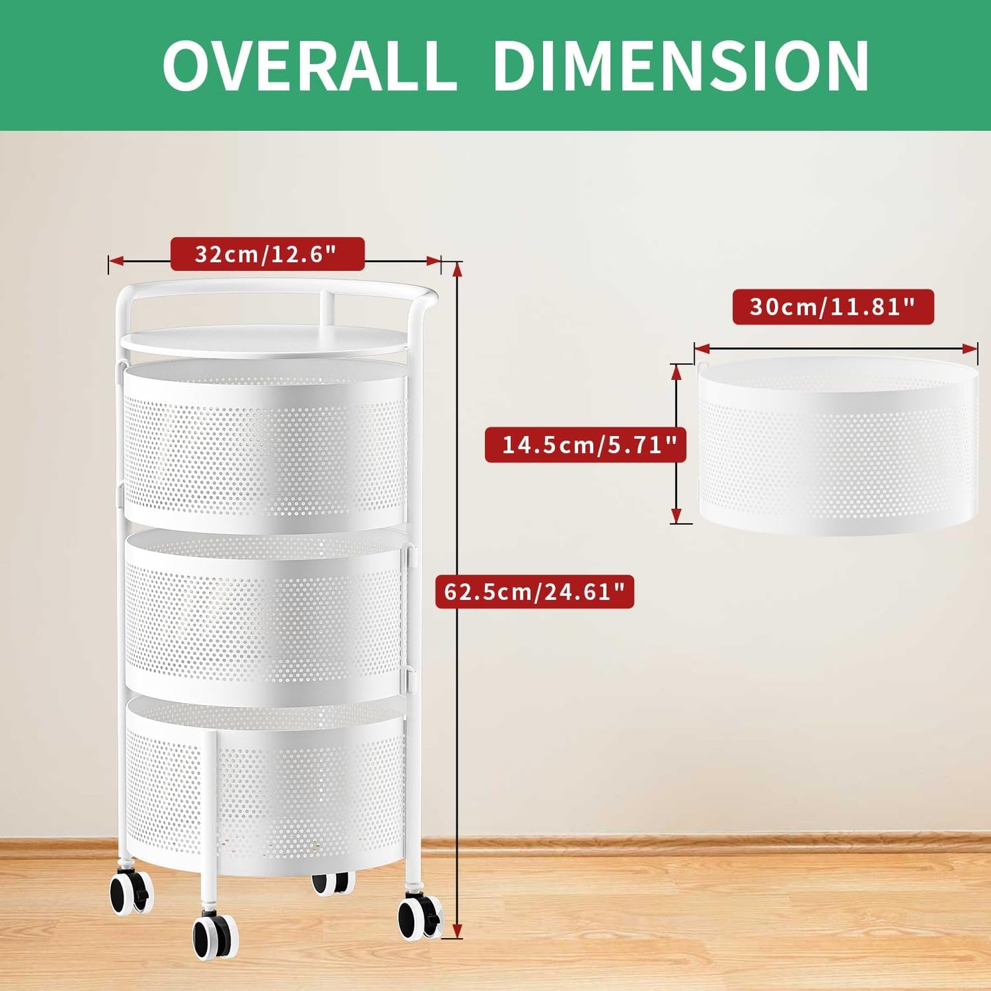 JAQ Vegetables Storage Basket, Rotating Storage Shelves Basket Carts Rack Organizer Bin on Rolling Wheels in Kitchen Household for Fruits Grocery Corns Potatos-(3-Tier,White)