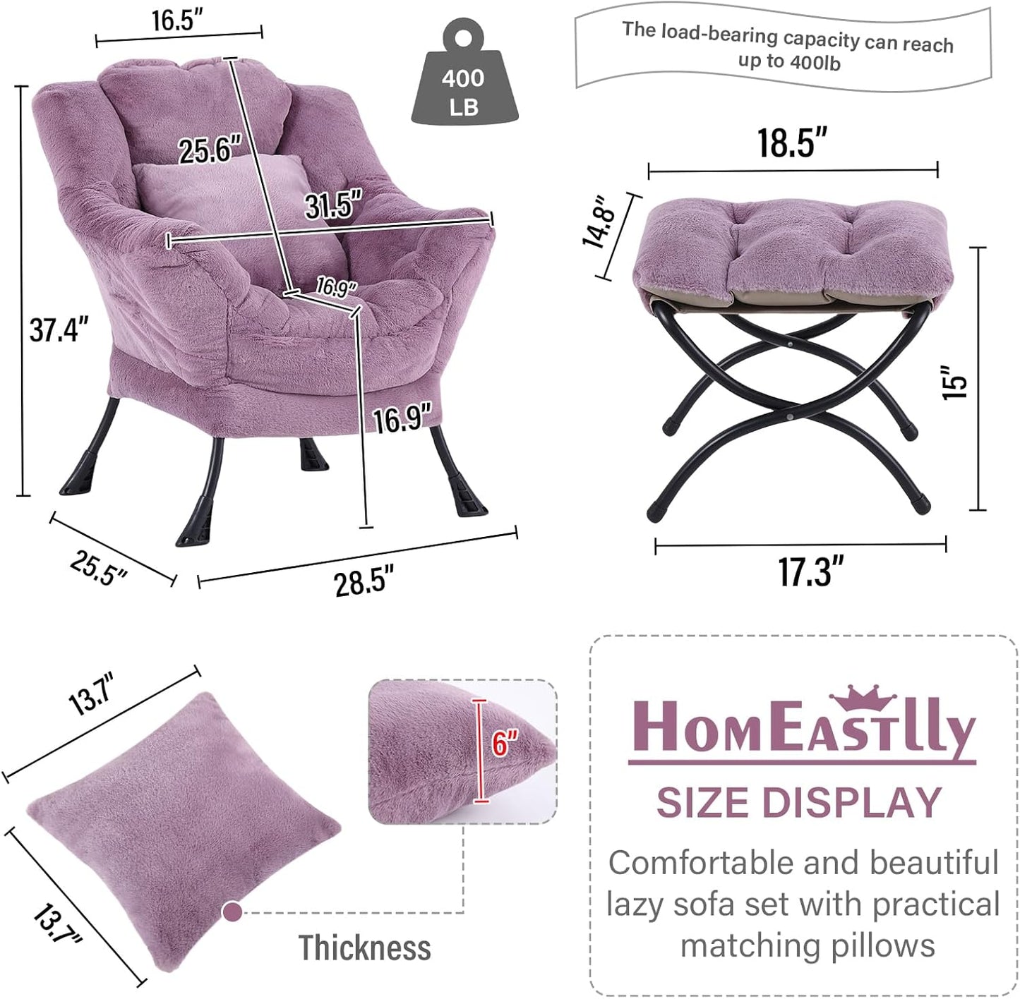 Lazy Chair with Ottoman, Reading Chair with a Pillow, Leisure Sofa Armchair with Ottoman, Large Accent Lounge Chair for Bedroom, Living Room, Dorm Room, Plush Purple