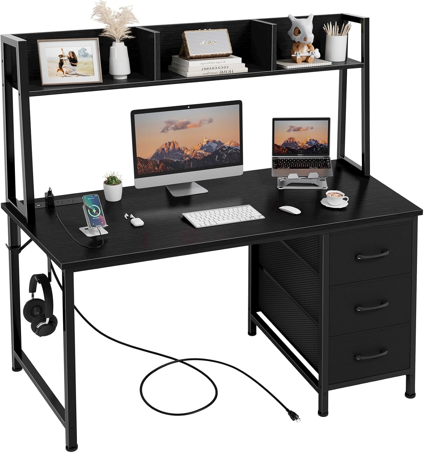 Black Computer Desk with Hutch & Drawers - Office Desk with 3 Storage Drawers and Power Outlets, 47 Inch Modern Study Writing Desk for Bedroom Home Office