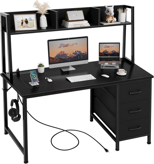Black Computer Desk with Hutch & Drawers - Office Desk with 3 Storage Drawers and Power Outlets, 47 Inch Modern Study Writing Desk for Bedroom Home Office