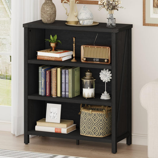 BON AUGURE Small Bookshelf, 3 Tier Black Book Shelf, Farmhouse Storage Bookcase, Short Wooden Book Cases for Small Space, Office, Bedroom, Living Room (Black Oak)