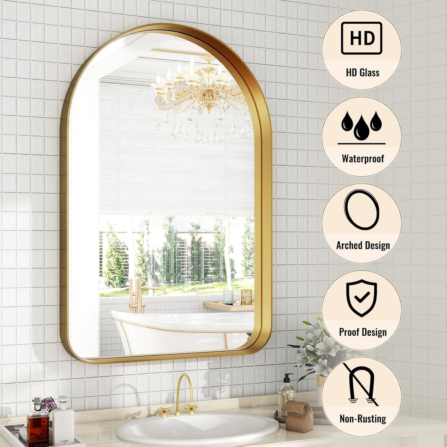 Arched Bathroom Mirror - 38x26 Inch Gold Bathroom Mirror for Wall - Aluminum Alloy Framed Mirror - Arched Top Bathroom Vanity Mirror for Living Room, Bedroom, Mantel, Entryway, and Hallways