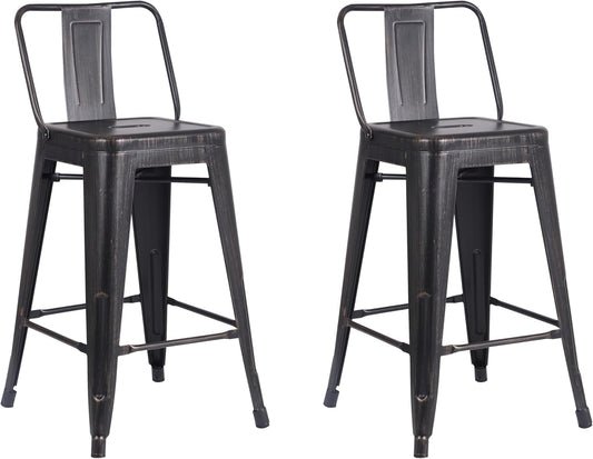 AC Pacific 24” Metal Barstool Set of 2 – Country Rustic Style with Low Back, Lightweight & Sturdy Build, Easy Assembly – Sanded Matte Midnight/Brushed Rusty Gold