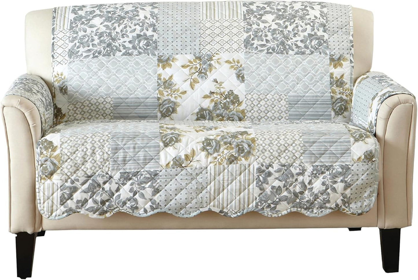 Patchwork Scalloped Printed Furniture Protector Stain Resistant Loveseat Cover (Loveseat, Grey)