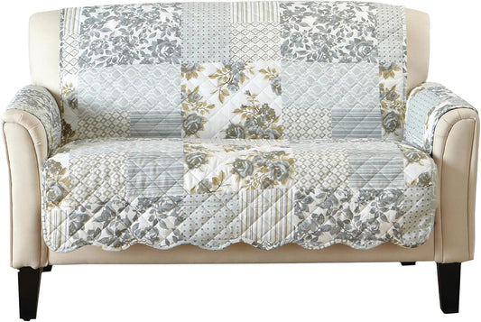 Patchwork Scalloped Printed Furniture Protector Stain Resistant Loveseat Cover (Loveseat, Grey)
