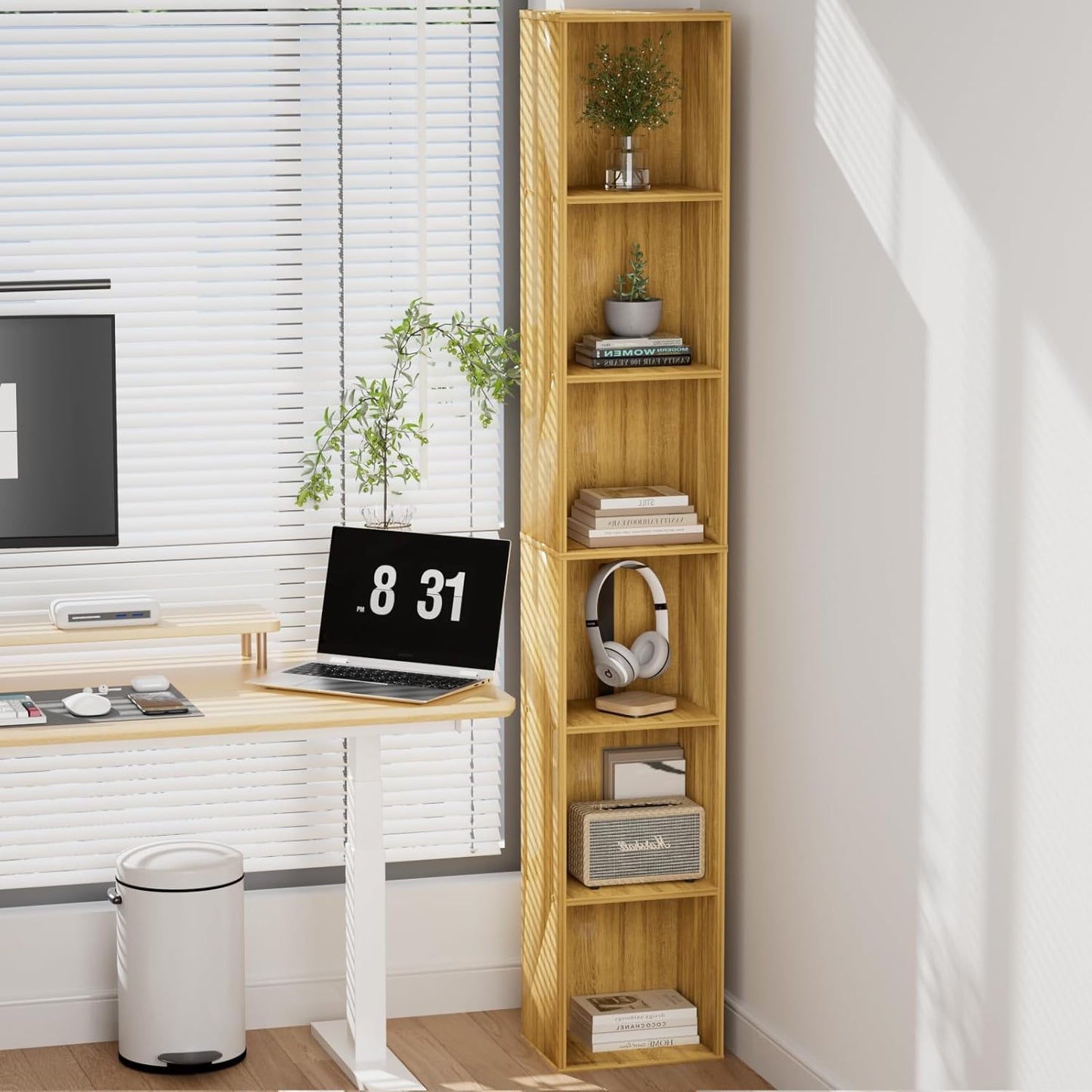 Tall Narrow Bookshelf 6-Tier Bookcase,70.5" Skinny Thin Corner Shelf Slim Storage Cabinet,Wood DVD CD Media Cube Organizer Tower Rack for Small Spaces, Bedroom, Living Room, Office,Natural