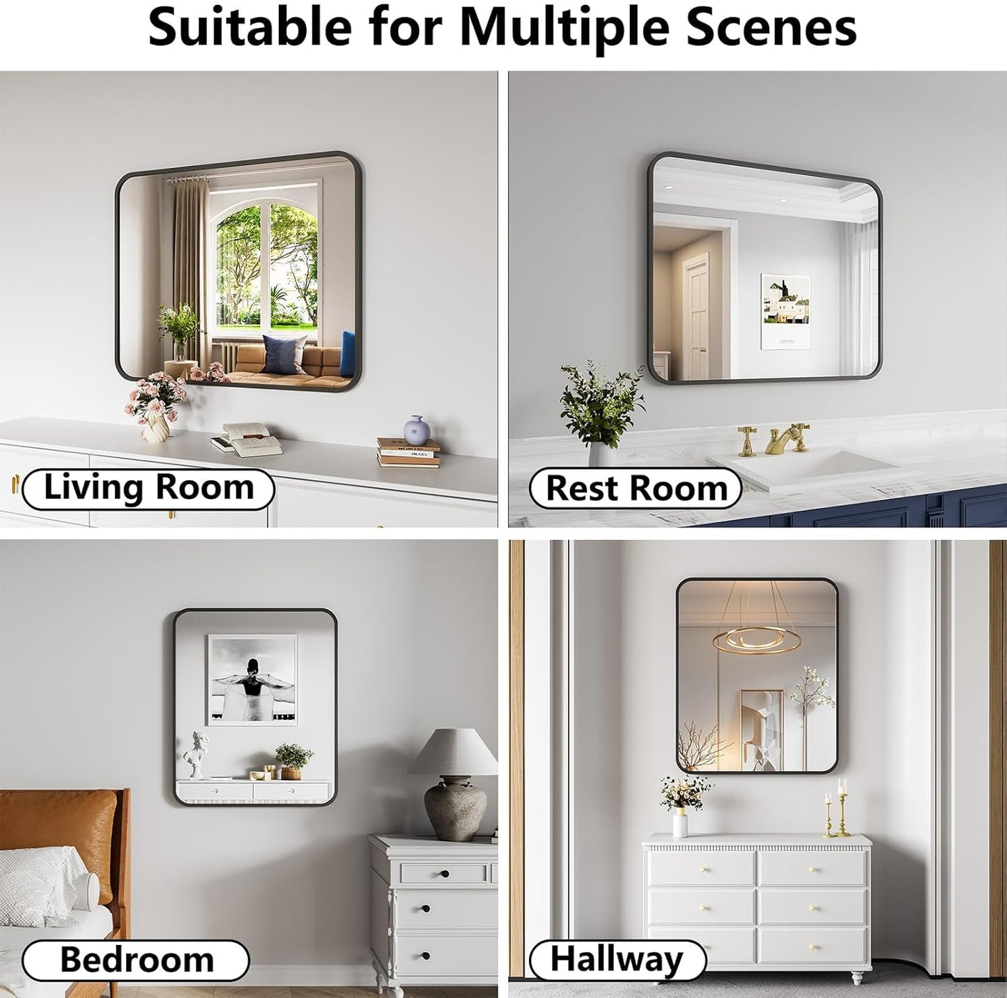 Koonmi Bathroom Mirror, 30X36 Inch Black Metal Framed Mirror for Bathroom, Tempered Glass, Anti-Rust, Rounded Rectangle Mirror for Restroom, Bedroom, Black