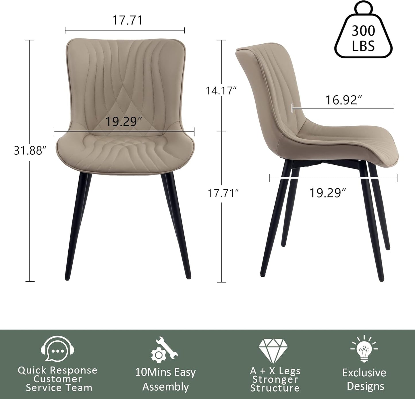YOUTASTE Dining Chairs Set of 2 Upholstered Mid Century Modern Kitchen Dining Room Chairs Armless Faux Leather Accent Chairs Metal Vanity Lounge Chair with Back for Living Room Bedrooms,Khaki