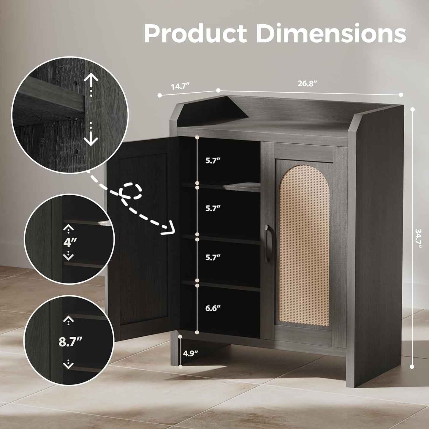 Shoe Cabinet Storage for Entryway, Natural Rattan Shoes Cupboard, Wooden Shoe Rack with Doors and Shelves, Farmhouse Boho Wood Shoe Organizer Cabinet for Hallway Black