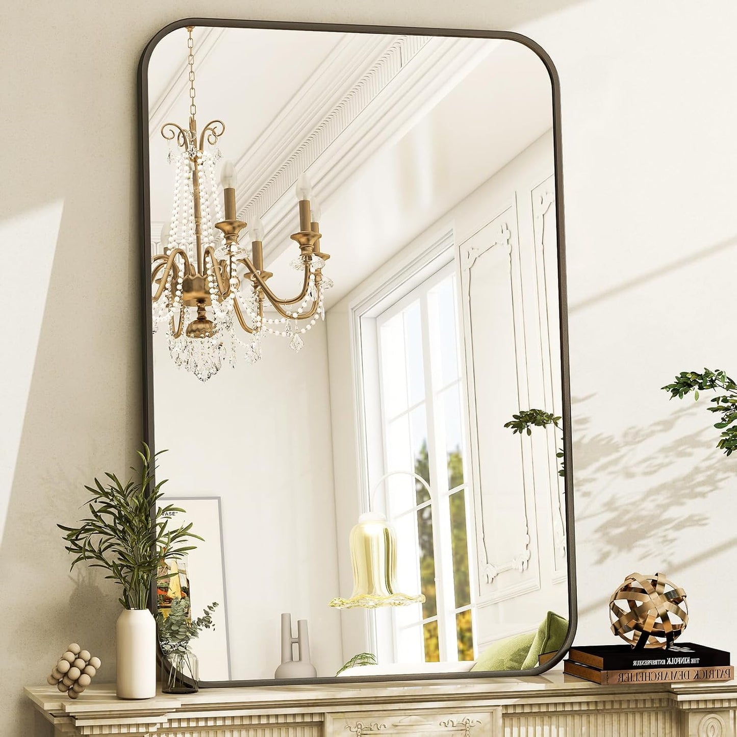 30 x 40 Inch Bathroom Mirror, Rounded Rectangular Vanity Mirror for Wall, Modern Mirror for Room Decor, Black Framed Wall-Mounted Mirrors for Home Decor, Hangs Horizontally or Vertically