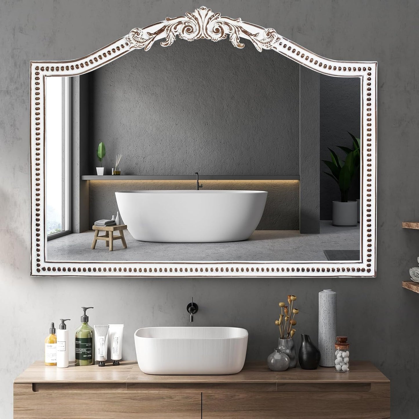 32x42 Inch Ornate Wooden Arched Wall Mirror, Rustic Farmhouse Decorative Wide Mirrors for Fireplace, Living Room, Bedroom, Entryway, Bathroom Over Sink