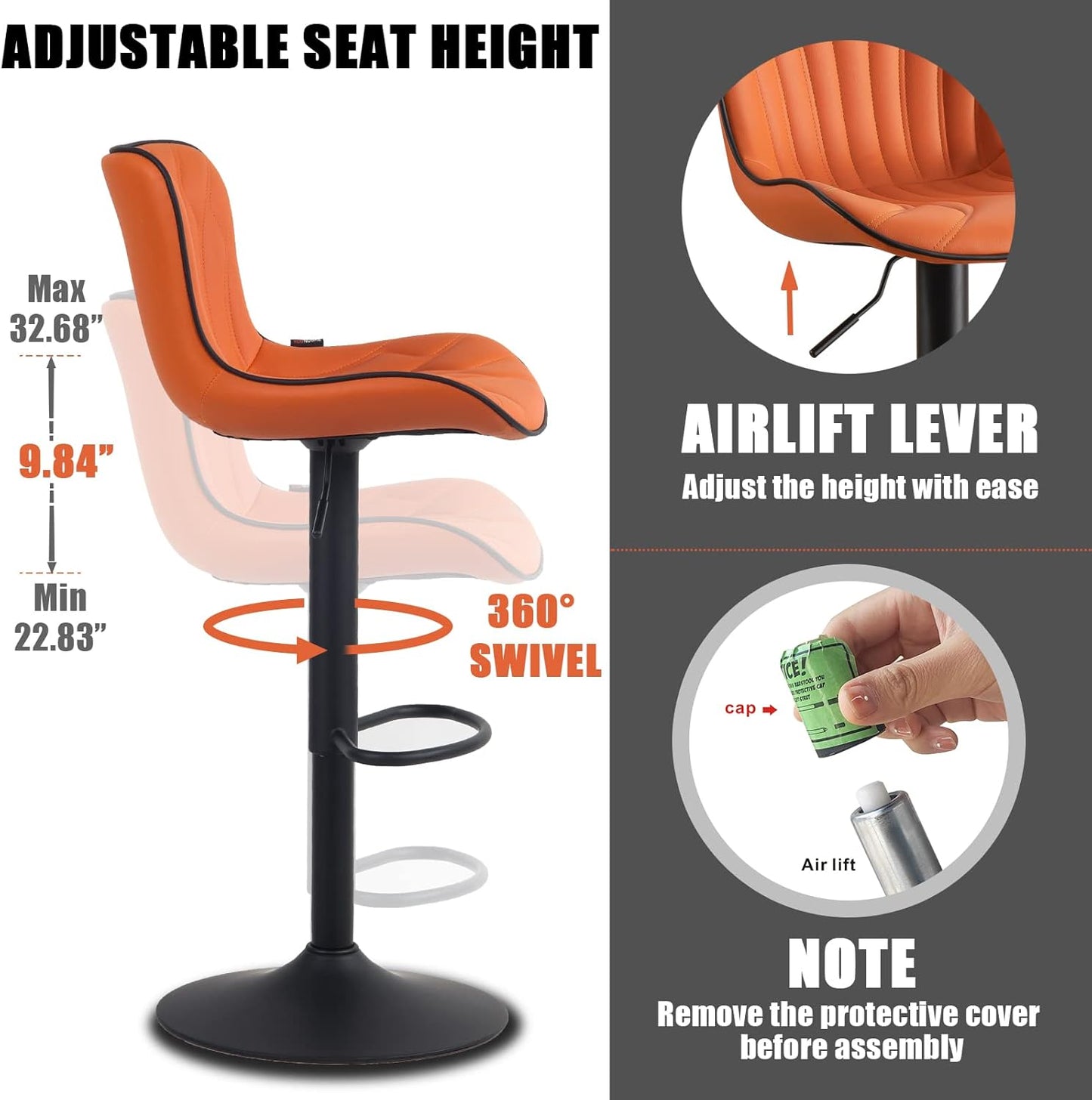 YOUNIKE Single Orange Bar Stools Modern Swivel Counter Height Bar Chair with Back Adjustable Kitchen Island Faux Leather Padded Barstools taburetes de bar Breakfast sillas para barra de cocina 1PCS