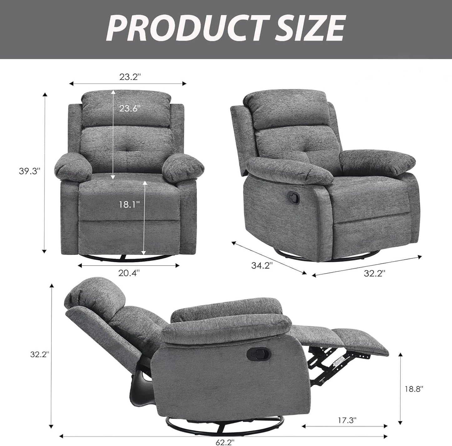 Swivel Rocker Recliner, 360 Swivel Small Recliners with 30 Degree, 90-150 Degree Angle, Lift Chair for Home Theater Seating, Adults, Living Room, Bedroom, Nursery, Limestone