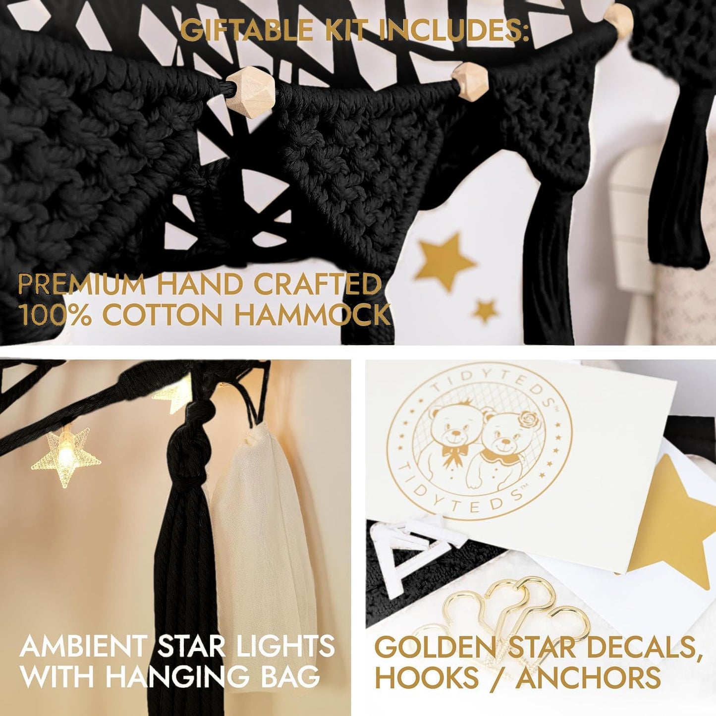 Macrame DreamLights Boho Stuffed Animal Storage Net Hammock Extra Large Plush Toy Storage Holder For Small Or Large Plushies BLACK