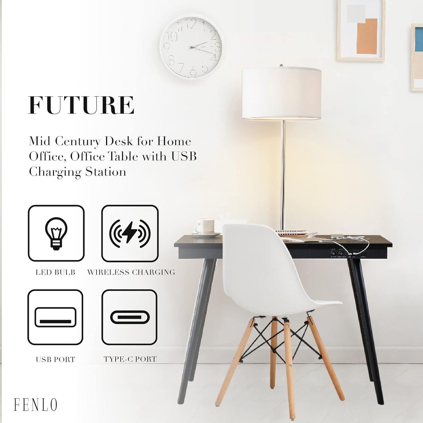 FENLO Future - 39' Modern Desk with USB-C & Qi Wireless Charging Station