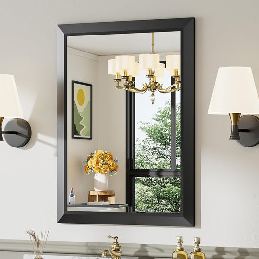 24x32 Inch Black Bathroom Mirror for Wall, Thick Metal Framed Rectangle Mirrors for Over Sink, Bedroom, Living Room, Entryway, Anti-Rust, HD Tempered Glass