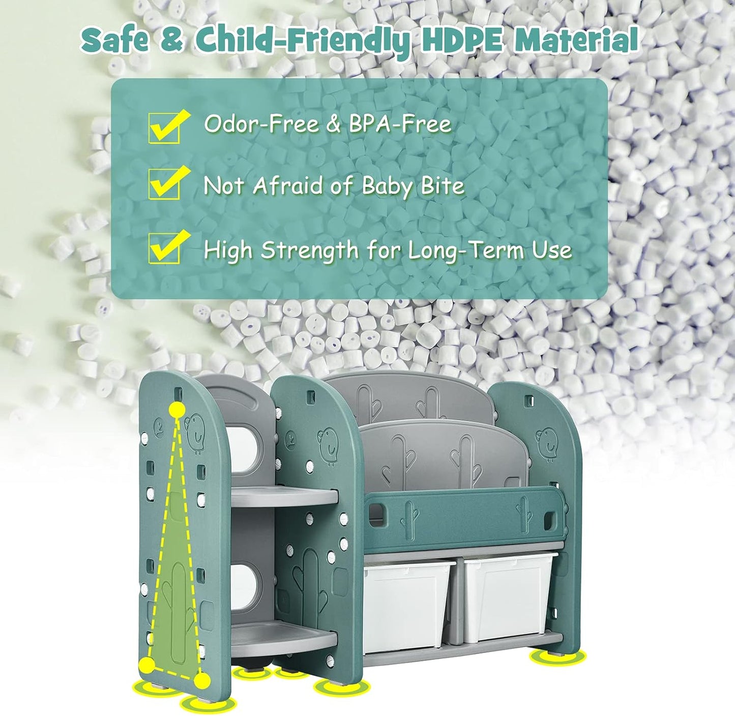 Costzon Kids Toy Storage Organizer, Toddler Bookshelf Cabinet w/ 2-Tier Bookshelf, 2 Shelves, 2 Removable Bins, Children Bookcase Display Book Rack for Kids Room Bedroom Playroom Furniture (Green)