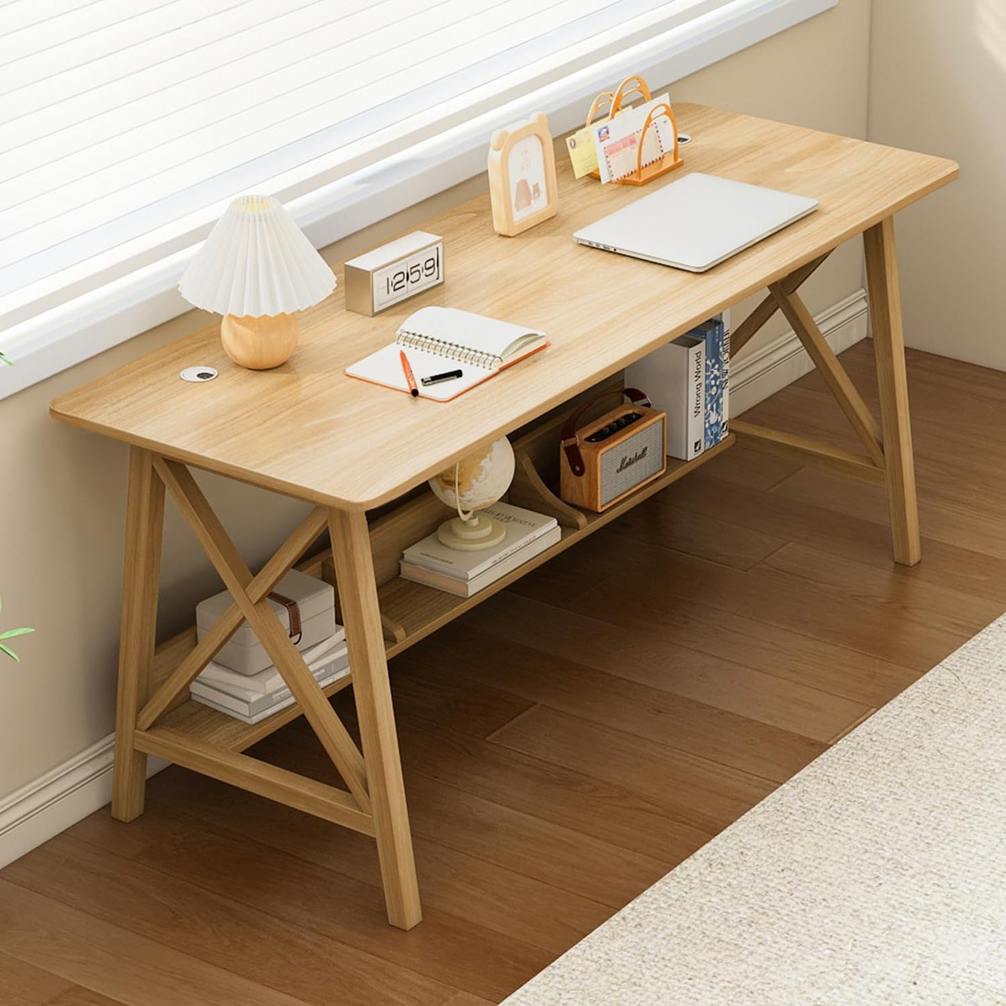 Extra Long Desk with Bookshelf - Wooden Home Office Work Study Table, Writing Computer Workstation with Storage Shelf in Oak, 55" Wx20 Dx30 H