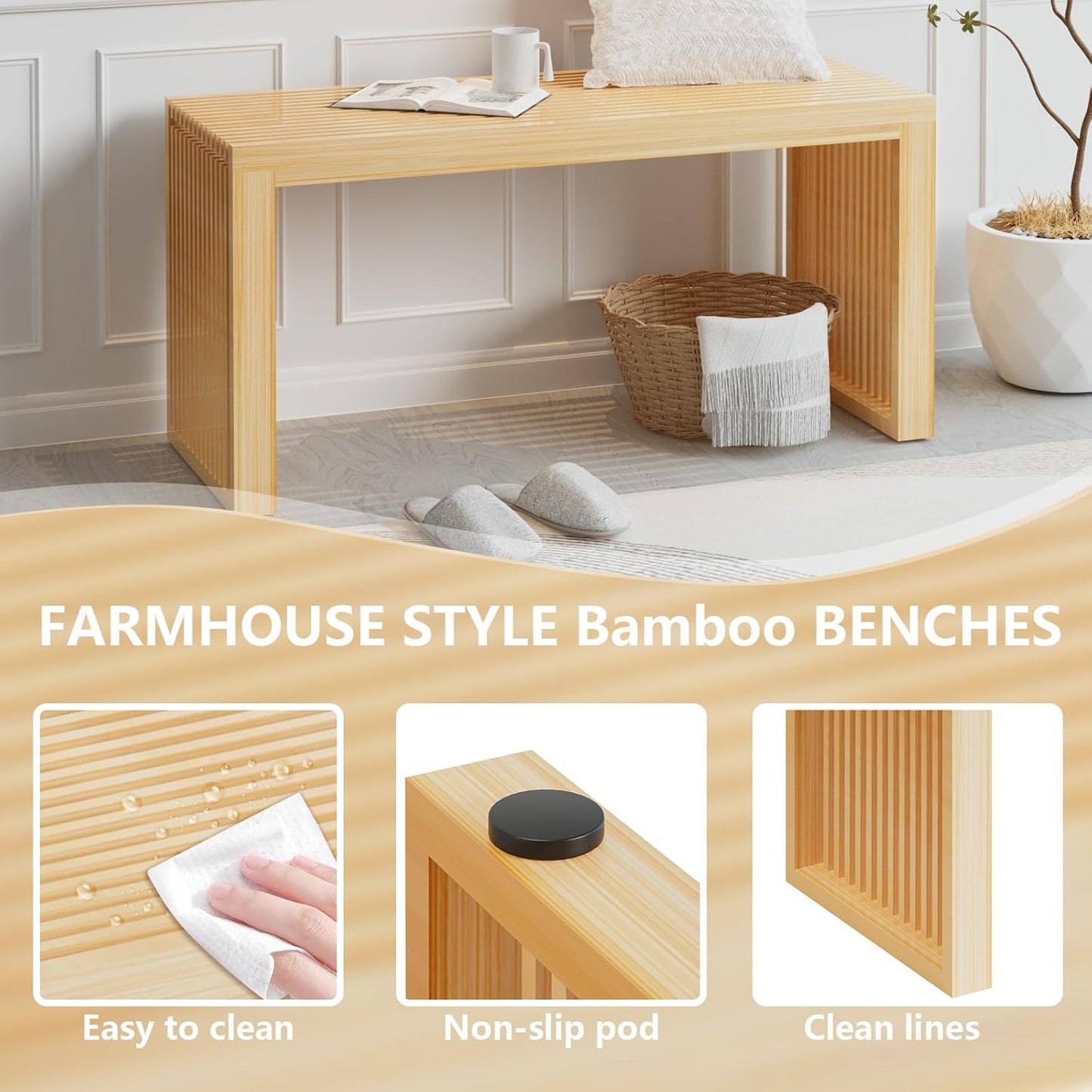 Bamboo Dining Bench Indoor Long Entryway Shoe Rack Benchs,Outdoor Modern Wood Benches 35 Inch Bamboo Bench for Living Room Hallway Bedroom Bathroom