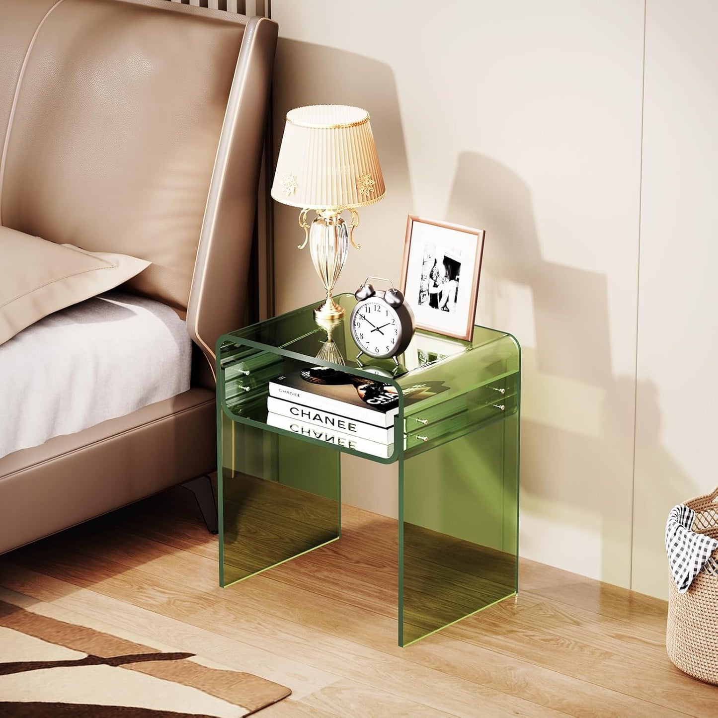 Clear Acrylic End Table 2-Tier Bedside Nightstand for Living Room Bedroom (1, Green)