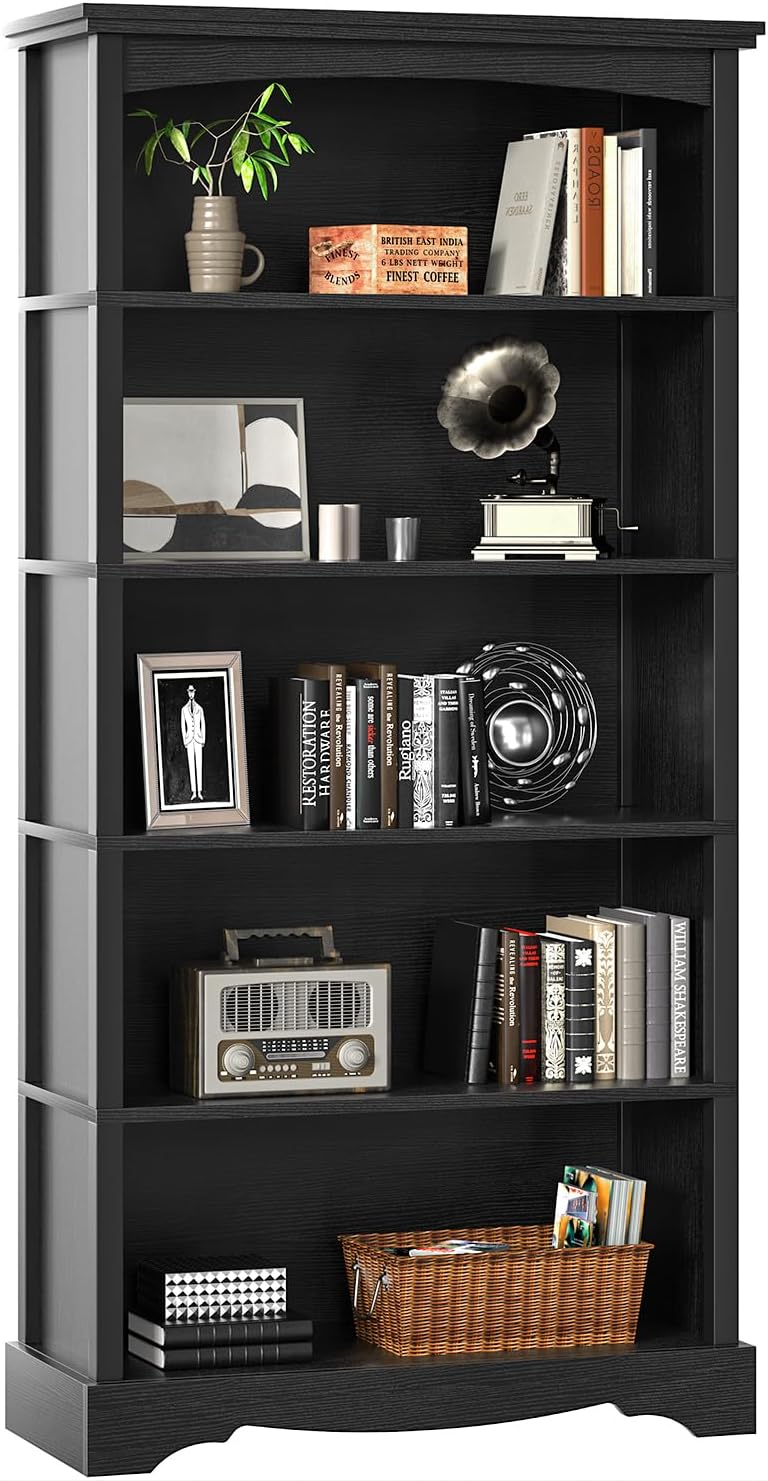TVU 5 Tier Bookcase and Bookshelf, Wood 65 Inch Tall Bookshelf with Storage, Floor Standing Display Book Shelf for Living Room, Office, Study Room, Entryway, Black