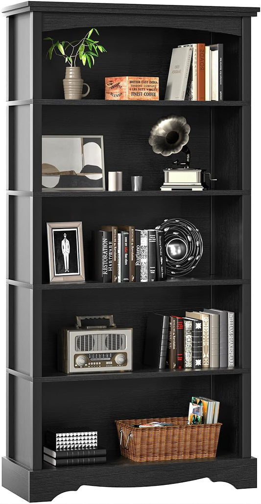 TVU 5 Tier Bookcase and Bookshelf, Wood 65 Inch Tall Bookshelf with Storage, Floor Standing Display Book Shelf for Living Room, Office, Study Room, Entryway, Black