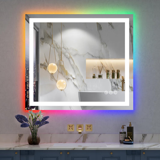 32x36 Inch RGB LED Bathroom Mirror Front Light and RGB Backlit Lighted Vanity Mirror for Bathroom Wall Mounted Dimmable Anti Fog Memory Shatter-Proof IP54 Waterproof Horizontal/Vertical