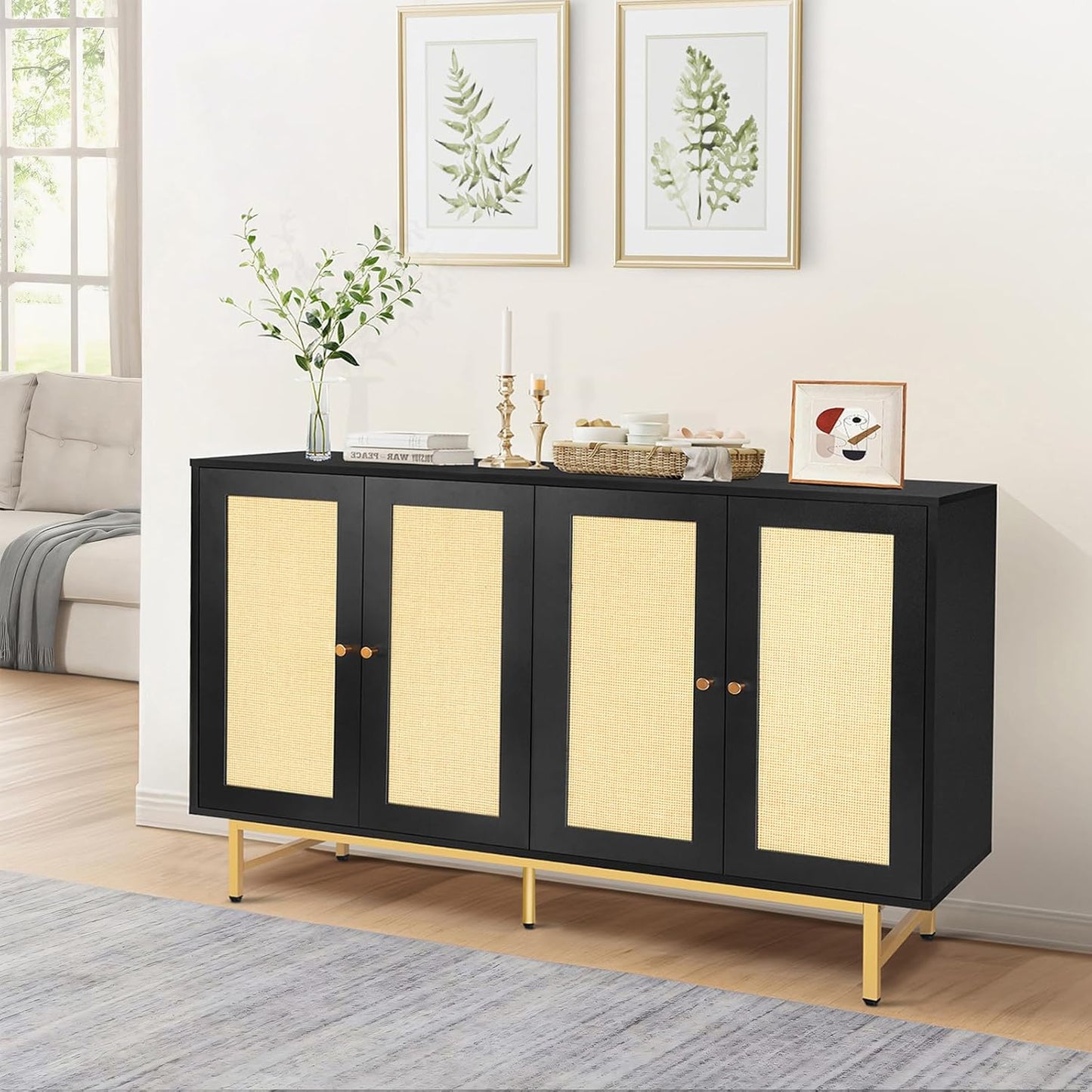 Sideboard Buffets Cabinet with 4 Rattan Doors, Large Storage Accent Cabinet Credenzas Modern Console Table for Living Room, Kitchen (Black)