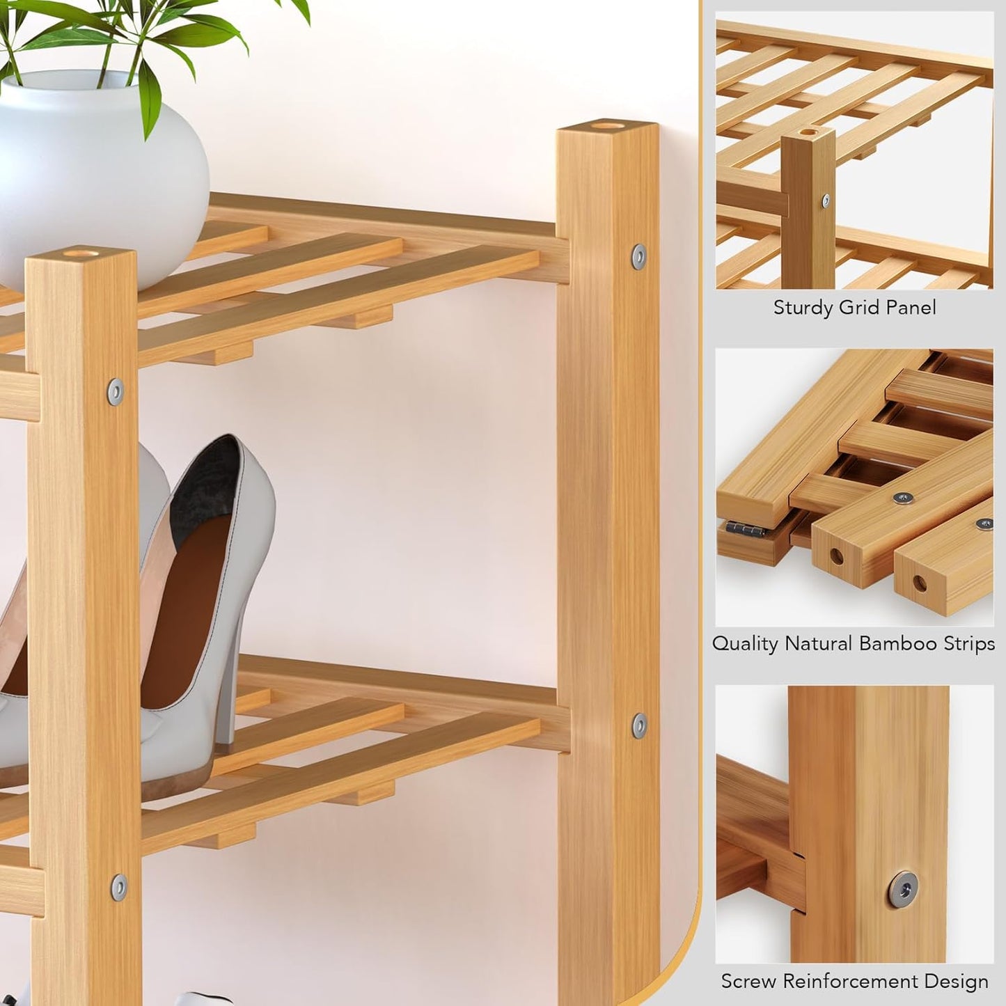 Haddockway small 3 Tier Bamboo Shoe Rack Storage Organizer,Multifunctional Free Standing Stackable Shoe Shelf with Grid Panel for Closet,Hallway,Entryway,Small Space 18"x11"x17"(Natural, 3-Tier Small)