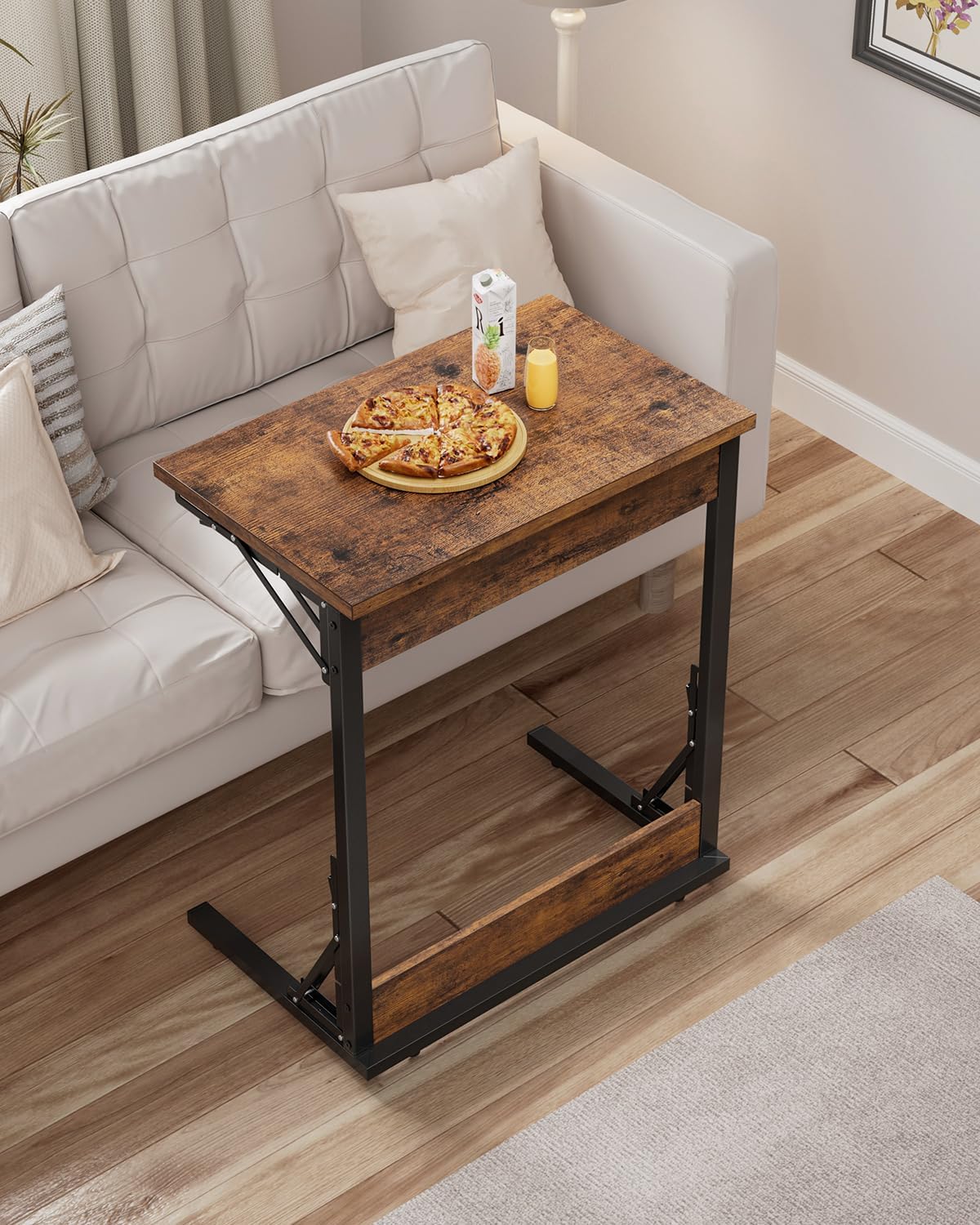 Tatub Folding TV Tray Table Set of 4, 24" Wide C-Shaped End Table for Couches, Small Sofa-Side Laptop Desk with Metal Frame for Living Room, Bedroom, Rustic-Brown