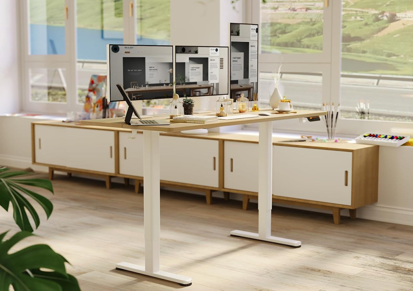 Claiks Electric Standing Desk, Adjustable Height Stand up Desk, 55x24 Inches Sit Stand Home Office Desk with Splice Board, White Frame/Nature Top