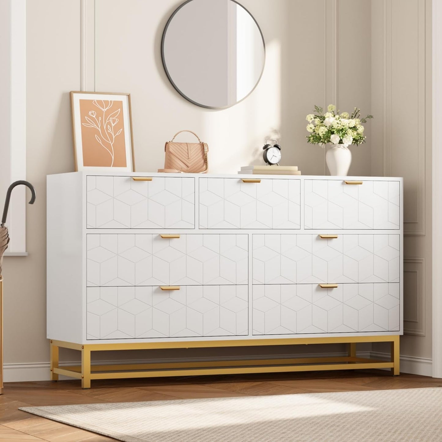 Dresser for Bedroom, 53.5" Wide Dresser Organizer, 7 Drawer with Golden Metal Handle and Legs, Modern Chest of Drawers for Closet, Hallway, Living Room, Entryway, White